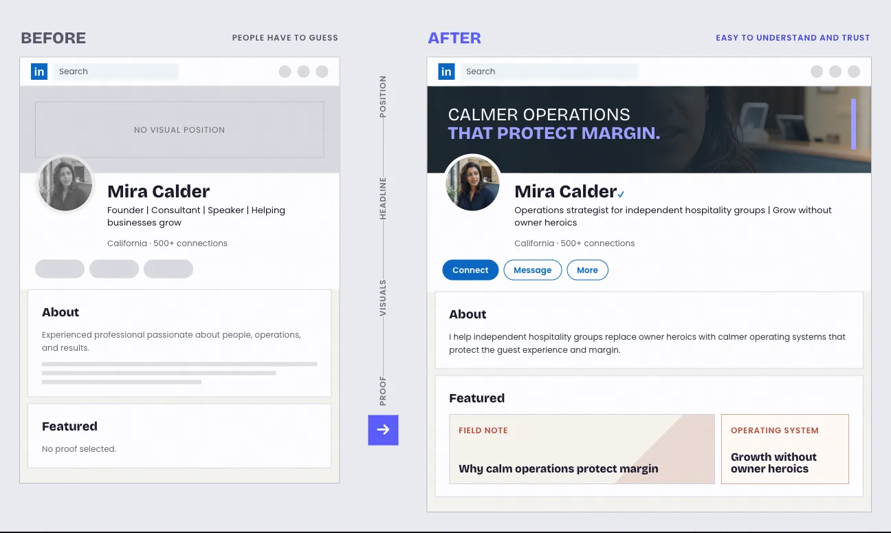 Fictional LinkedIn profile before and after the rewrite
